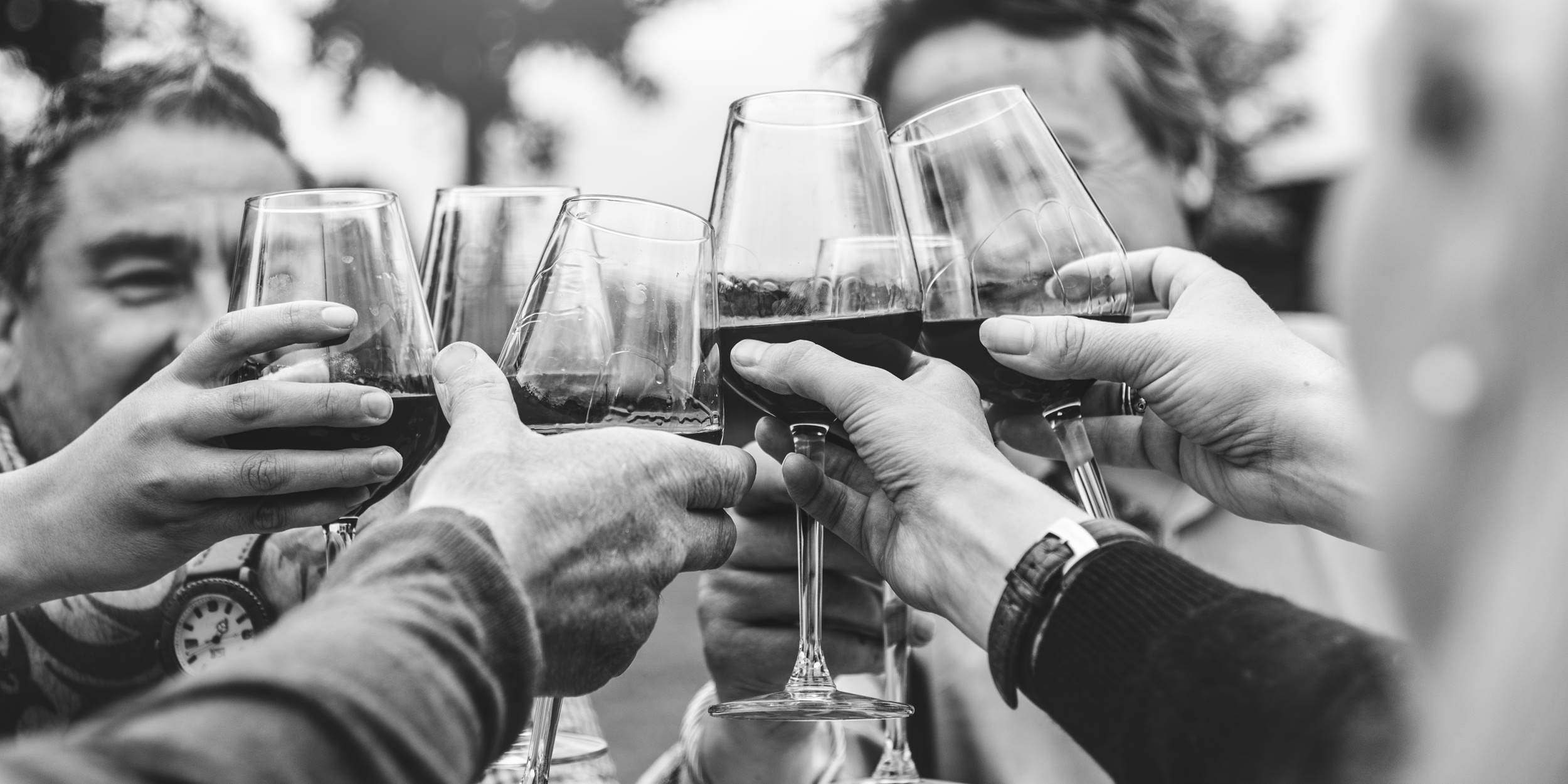 Grupo de pessoas celebrando com brinde com taças de vinho tinto