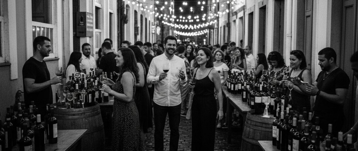 Pessoas confraternizando em uma feira de vinhos - degustação ao ar livre